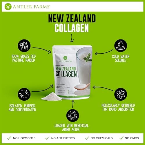 Antler Farms New Zealand Collagen Powder - Grass Fed, Unflavored, 1 lb | 100% Pure Hydrolyzed Collagen Peptides Powder, Cold Water Soluble Peptide
