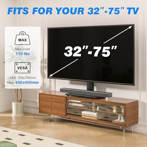 Rfiver Universal TV Stand for 32-75 inch TVs, Support Swivel and Tilt | Height Adjustable, Tempered Glass Base, Holds 110lbs, Max VESA 400x400mm, Ideal for Bedroom & Living Room
