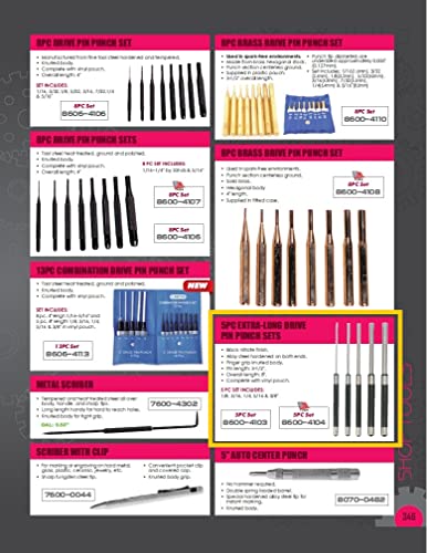 HHIP 8600-4103 5 Piece Extra-Long Drive Pin Punch Set with Black Nitrate Finish, 8" Overall Length