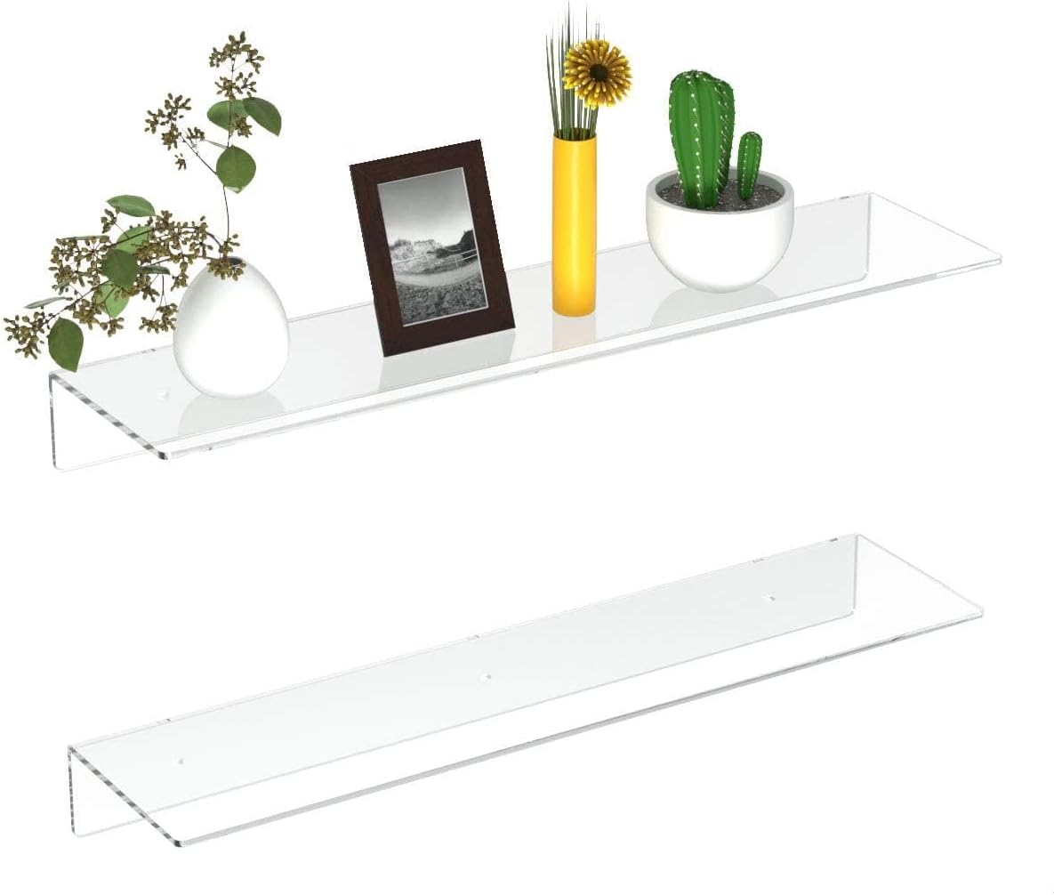 FEMELI 2 PCS 12" Acrylic Floating Shelves, Clear Shelf for Wall Display