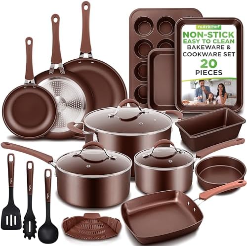 Nutrichef 20 Piece Professional Home Kitchen Cookware and Bakeware, Pots and Pans Set Non Stick Kitchenware, Cool-Touch Handles, Non Toxic