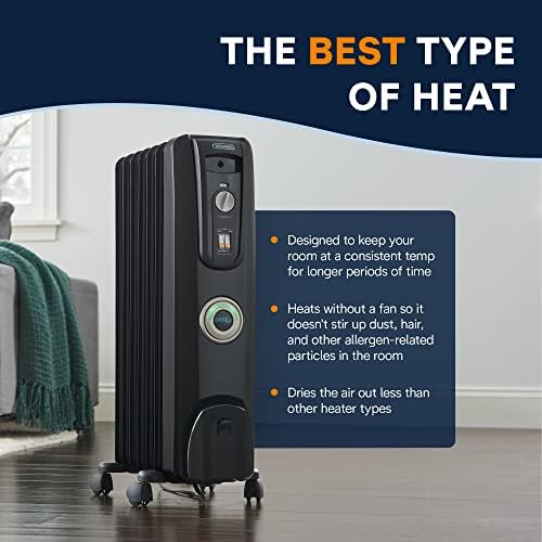 De'Longhi Oil filled Radiator Heater, 1500W Electric Space Heater for indoor use, portable room heater, Energy Saving, full room like office and bedroom with safety features, EW7707CM