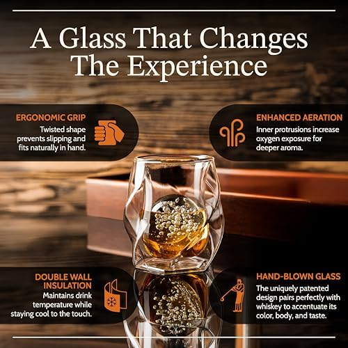 JAMES BENTLEY JB Whiskey Glasses, Set of 2 + 2 Slow-Melting Ice Ball Molds | Hand-blown insulated 6oz double-wall borosilicate glass, bourbon
