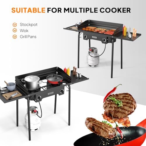 ROVSUN 2 Burner Outdoor Propane Gas Stove with Adjustable Regulator, 150,000 BTU High Pressure Stand Cooker for Backyard Cooking Camping Home Brewing Canning Turkey Frying