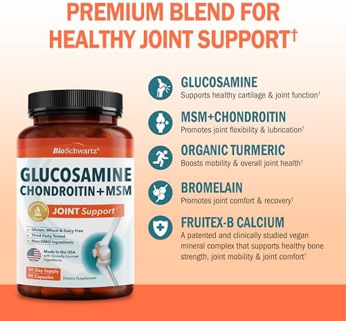 Glucosamine Chondroitin MSM Joint Support Supplement, 90 Capsules | Turmeric & Ginger, Hyaluronic Acid, Collagen, Glucosamine Chondroitin Sulfate for Joint Comfort, Gluten Free, Non GMO