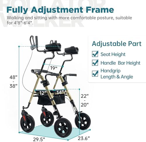 ELENKER 10 in PU Wheels Upright Rollator Walker for Seniors, Champagne | Stand Up Design, Padded Seat, Padded Armrests