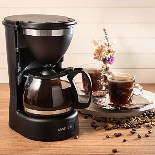 Mixpresso 5 Cup Drip Coffee Maker, Coffee Pot with Reusable Filter, Black | Glass Carafe Coffee Machine with Auto-Off, Anti-Drip, Water Window and Easy On/Off Switch for Convenient Everyday Brewing