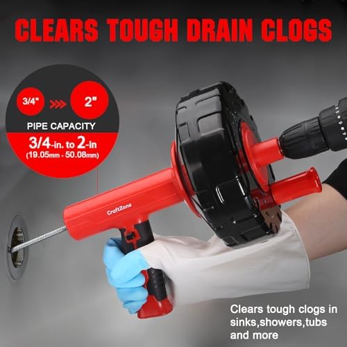Drain Auger 33 Ft with Easy Cable Rewind System, Plumbing Snake with Drill Adapter, 2026 Upgraded Flexible Spring Steel Drain Cleaner for Kitchen