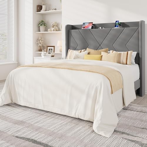 Allewie Full Size Platform Bed Frame with Charging Station and Storage Shelf/Upholstered Velvet Wingback Headboard/Wooden Slats Support/No Box Spring Needed/Easy Assembly, White