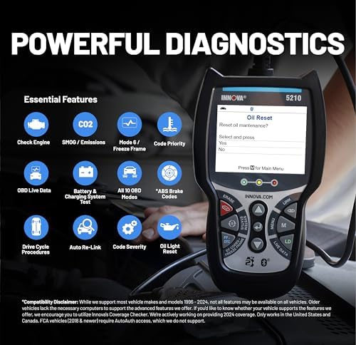 Innova 5210 OBD2 Scanner & Engine Code Reader, Battery Tester, Live Data, Oil Reset, Car Diagnostic Tool for Most Vehicles