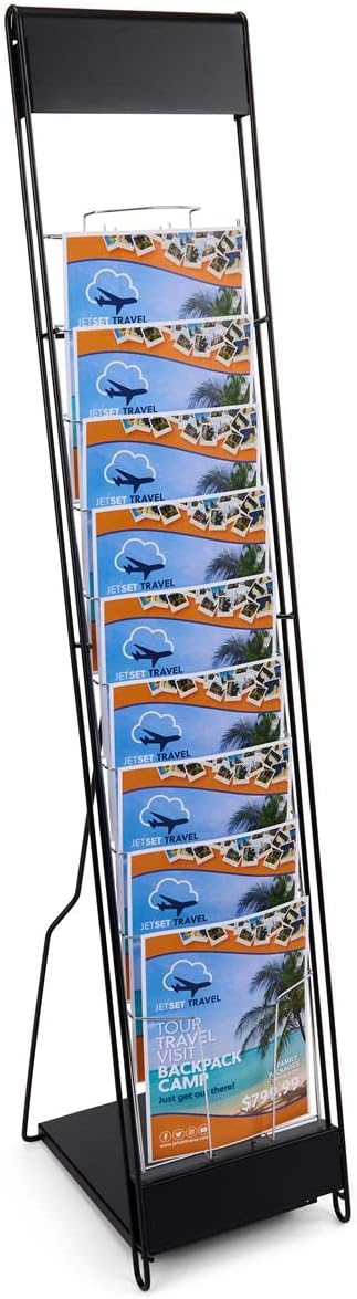 Displays2go Portable Magazine Rack, Black, 54" h Floor-standing | 10 Pockets for 8.5x11 Catalogs, Carry Bag Included, Tiered Design, Steel, NCYBRCHBLK