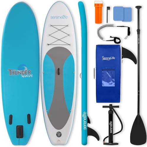 SereneLife 10’ Inflatable Stand Up Paddle Board with Premium SUP Accessories - Wide Stable Design with Non-Slip EVA Deck Pad, for Youth and Adults, 350 lbs. Capacity