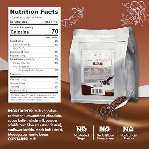 ChocZero Sugar Free Chocolate Chips, Milk Chocolate, 20 oz Bag