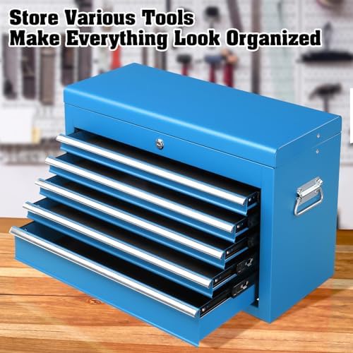 24" Metal Portable Tool Box with 5 Drawers, Lockable, Red | ToolBox with Top Storage Tray, Carry Handle, Ball Bearing Runners, Tool Chest Cabinet for Garage, Warehouse, Repair Shop