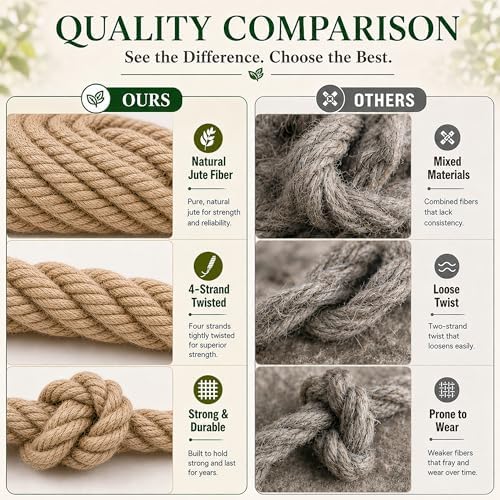 Twisted Manila Jute Rope (1 Inch x 10 Feet) Natural Thick Hemp Rope for Crafts, Nautical, Railings, Hammock, Decorating