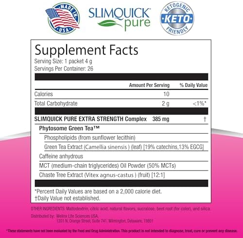 Slimquick Pure 3x Extra Strength Mixed Berry Drink Mix for Women to Help Achieve Weight Goals, Helps Metabolism, Keeps Full for Longer with Green Tea, Caffeine, Chaste Tree, Rhodiola Extract, 26 Count
