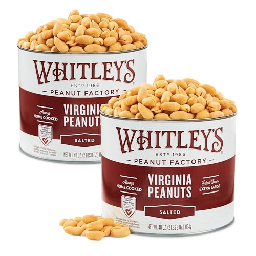 Whitley’s Salted Virginia Peanuts, Super Extra Large, Home Cooked 40 oz | Small Batch Roasted, Hand Seasoned, Vacuum-Sealed Tin, Coconut & Peanut Oil, Gluten Free, Cholesterol Free, 2.5 Pounds