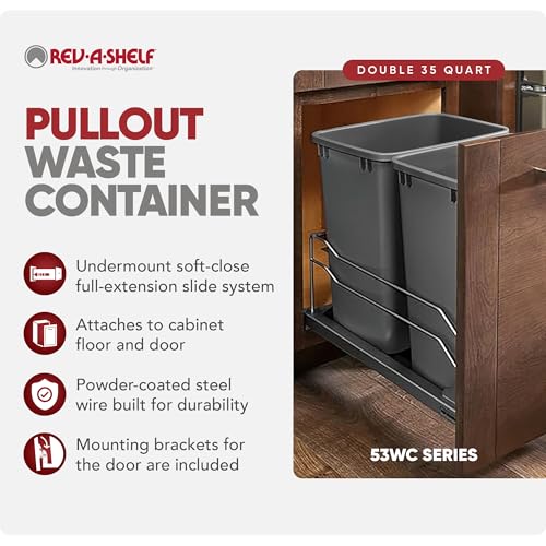 Rev-A-Shelf Double Pullout Trash Can w/Soft-Close Slides, 14.5" Min Opening | Large Capacity Garbage/ Recycling Waste Bins for Under Kitchen Cabinets, Heavy Gauge Wire Construction, 53WC-1835SCDM-217