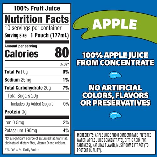 Capri Sun 100% Juice from Concentrate, 10 Pouches Apple Juice, 6 fl oz | for School Lunches and On-the-Go Hydration, All Natural Ingredients, No Artificial Colors, Flavors Or Preservatives