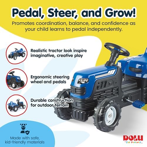 DOLU Ranchero Pedal Operated Ride On Tractor for Kids, Indoor Outdoor Toy Vehicle with Fun Horn and Sturdy Build for for Ages 3 Years and Older, Blue