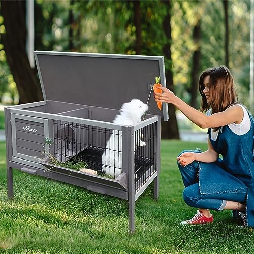 Rabbit Hutch, Wooden Bunny Cages Indoor with Deeper Leakproof Tray - Upgrade with Metal Wire Pan (Grey, Rabbit Hutch #001-B) Large