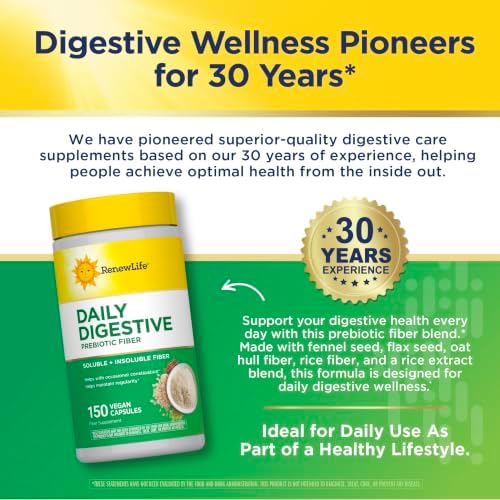 Renew Life Daily Digestive Prebiotic Fiber | 150 Vegan Capsules