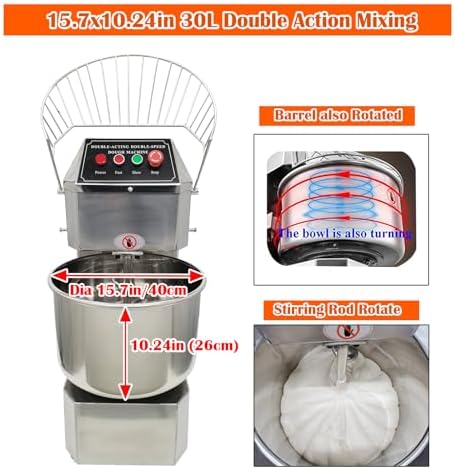 INTBUYING 30 QT Stand Dough Mixer 7.5 Gallon Double Action Spiral Stand Mixer with Double-Speed