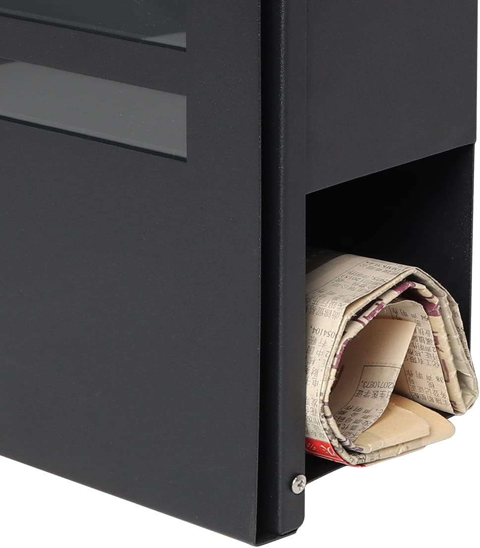 Decaller Large Capacity Mailbox with Key Lock, Wall Mount Metal Mail Box with Newspaper Compartment for Outside, 14.4" x 13" x 4.2", 938 Black