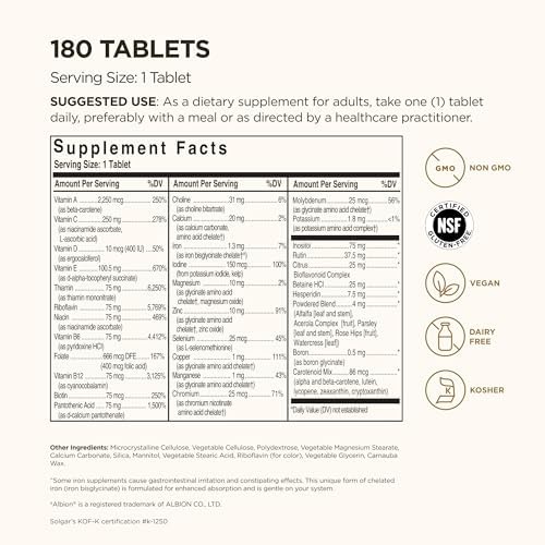 Solgar Formula VM-75, 90 Tablets - Vitamin A, B6, B12, C, D, E, Vegan | Multivitamin with Chelated Minerals - Biotin, Magnesium, Calcium, Iron, Zinc, Gluten Free, Dairy Free, Kosher - 90 Servings