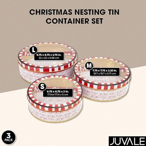 Juvale 3-Piece Cookie Tin with Lid - 8.75 in/7.75 in/6.5 in Round, Red & White - Tin Containers with Lids for Cookie Storage & Container Set