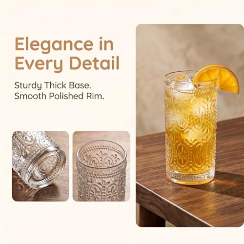 Bekith 6 Pack Romantic Drinking Glasses, 12 oz Highball Glasses, Thick Water Glasses, Tall Glass Cups for Beverages, Beer, Cocktail