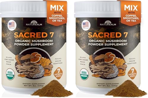 Sacred 7 Brain Mushroom Powder, Organic 7-in-1 Blend 226 Servings | Seven fruiting body extracts, lions mane cordyceps reishi, stirs into coffee or smoothies, 1000 mg scoop