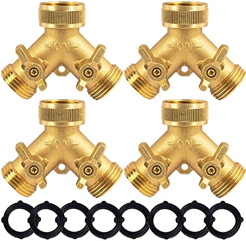 Hourleey Brass Garden Hose Splitter (4 Way), Solid Brass Hose Connector 3/4", Hose Spigot Adapter 4 Valves with 4 Extra Rubber Washers