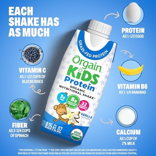 Orgain Organic Kids Dairy 8g Protein Shake, Chocolate, 8.25 oz, 4pk | Nutritional drink, grass-fed protein, 22 vitamins & minerals, 3g fiber, non-GMO, no soy, healthy snack for picky eaters