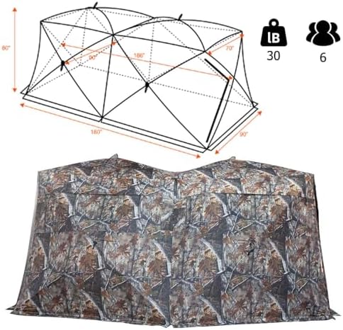 THUNDERBAY Bunkhouse Pop Up Portable 6 Person Side-by-Side Hunting Blind, Footprint: 140"x70" with 80" Height