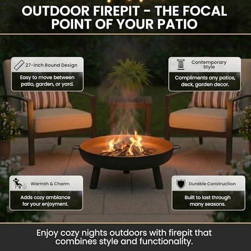 Pure Garden Outdoor Fire Pit, Black, 27.5-Inch