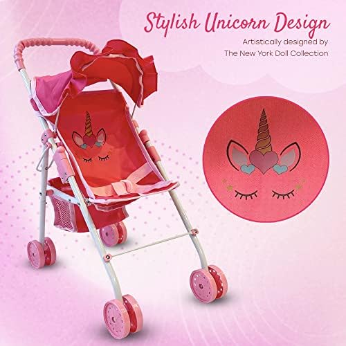 The New York Doll Collection My First Doll Stroller with Basket & Heart Design Foldable Doll Stroller, Pink