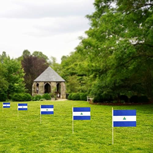 QQSD Nicaragua Small Flag Nicaraguan Stick Mini Hand Held Flags - Solid Wooden Pole with Spear Top, 12 Pack