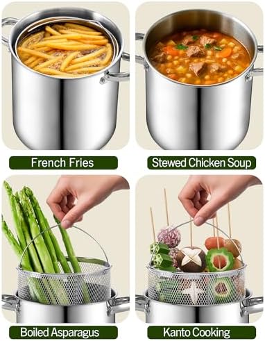 Cook N Home Basics 4-Quart Deep Fryer Pot with Basket, Japanese Tempura Small Stainless Steel Frying Pot with Oil Drip Drainer Rack, Glass Lid, Suitable for Kitchen French Fries, Chicken