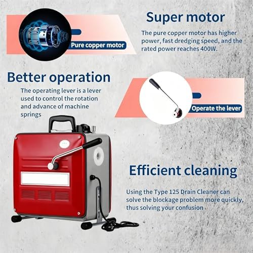 Drain Cleaner Machine, 90Ft Electric Drain Drill (74 'x 5/8 "and 16' x 3/8"), 400W 3-wire electric, portable design, comes with 6 knife heads