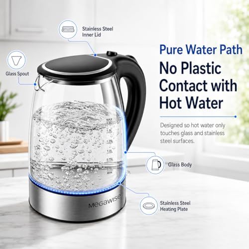 MEGAWISE 1.8L Electric Glass Kettle with Auto Shut-Off and Blue LED