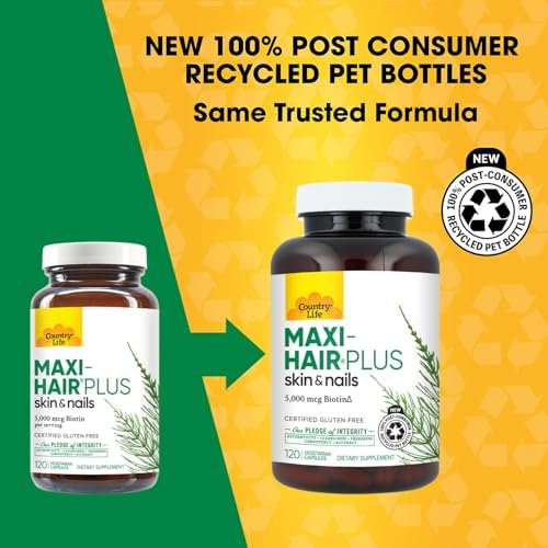 Country Life Maxi-Hair Plus 5,000 mcg Biotin, 120 Capsules | 1,200 mg Maxi Blend with MSM, L-methionine, L-cysteine and horsetail extract; 30 servings