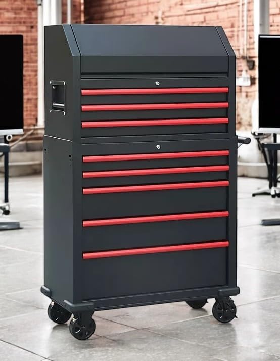 Heavy Duty 36" 8-Drawer Tool Chest and Cabinet Combo, Black with Red Accents, Rolling Casters