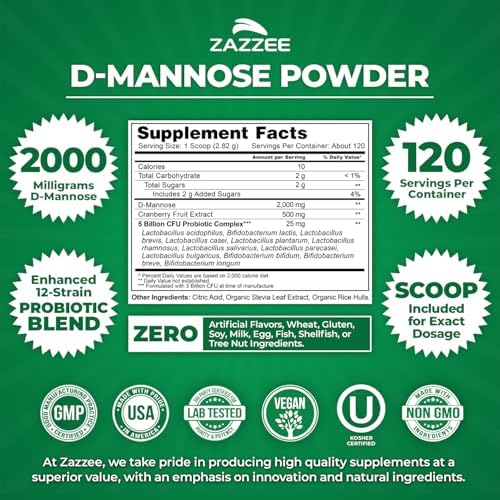 Zazzee D-Mannose Powder Plus, 2000 mg, 67 Servings, Free Scoop, Made in USA | Plus 5 Billion CFU Probiotics and Pure Cranberry Juice Extract, Kosher, 6.67 oz, Urinary Tract & Bladder Support, Non-GMO