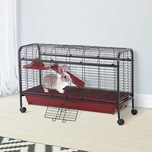 PawHut 41" L Small Animal Cage Rabbit Hutch with Feeder, Rolling Wheels Red