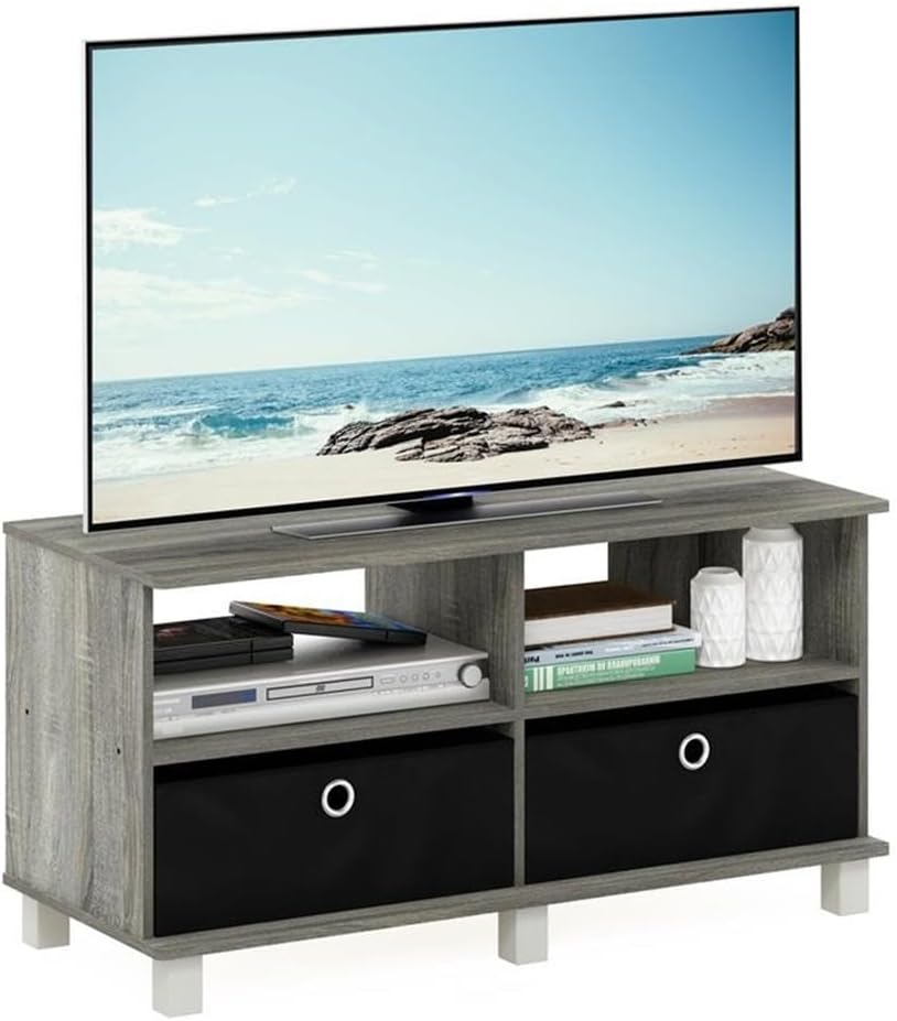 Furinno Andrey Entertainment Center with Bin Drawers, French Oak Grey/Black | Open Shelf TV Console for TV up to 46 Inch with Bin Drawers