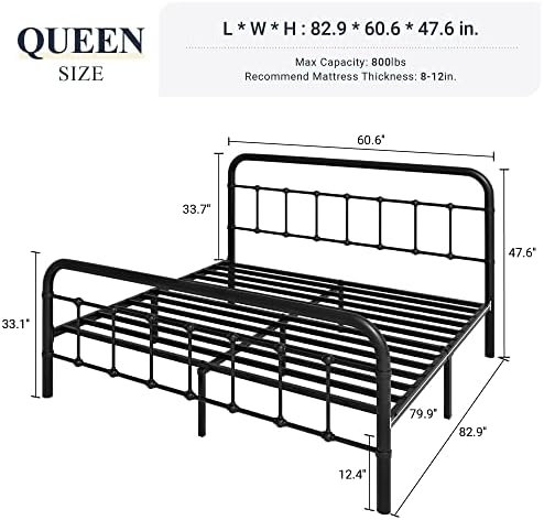 Allewie Queen Metal Bed Frame with Victorian Iron-Art Headboard, Black | Victorian Style Wrought Iron-Art Headboard/Footboard, Easy Assembly
