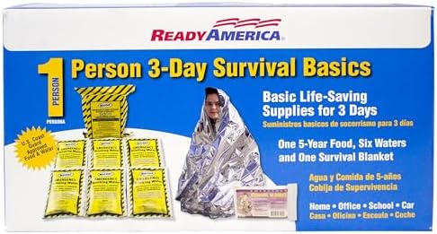 Ready America 3000, 1-Person 3-Day Survival Box, Food Water Blanket | 2400 Calorie Food Bar, Water Pouches, Emergency Blanket, Heat-Retaining Shelter