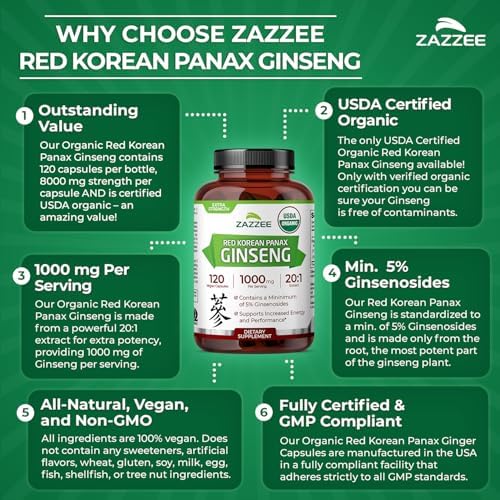 Zazzee USDA Organic Red Korean Panax Ginseng 20:1 Extract, 120 Capsules | 1000 mg Per Serving, 5% Ginsenosides, Vegan, 4 Month Supply