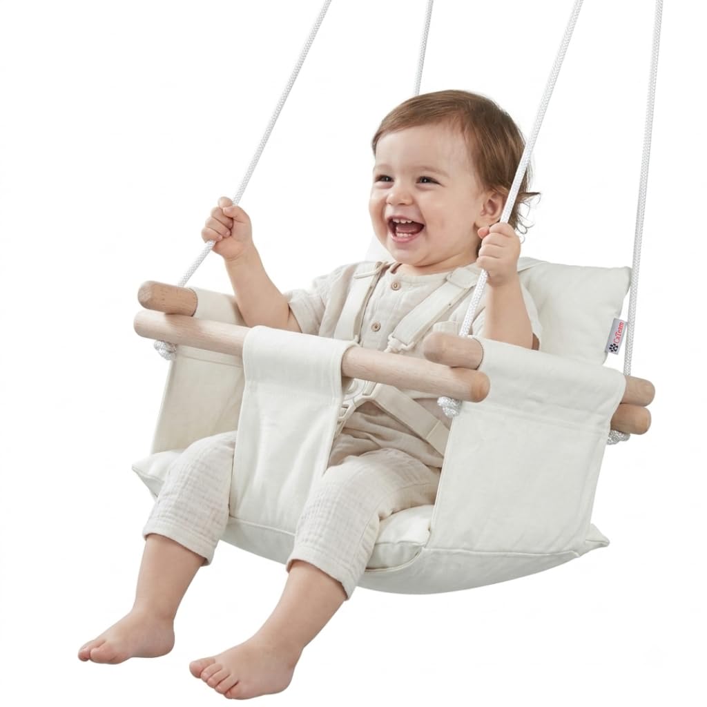 CaTeam Canvas Baby Swing Seat with 5-Point Safety Belt — Wooden Hanging Toddler Swing, Indoor & Outdoor, Ages 1-4, Ceiling Mount Hardware Included